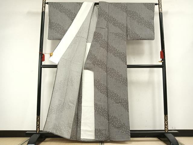 平和屋着物▽上質な小紋 単衣 舞花文 縞 正絹 逸品 AABC0425fy