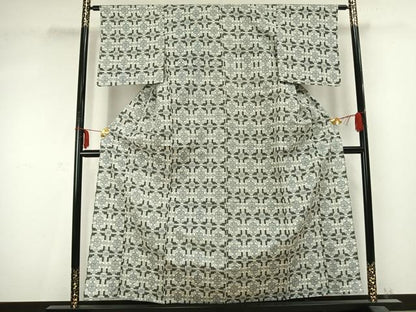 平和屋着物▽上質な紬　単衣　幾何学文様　正絹　逸品　AABC0426fy