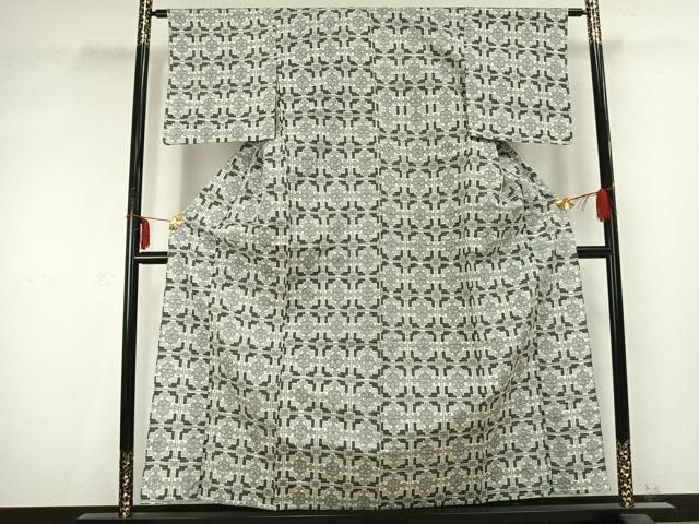 平和屋着物▽上質な紬　単衣　幾何学文様　正絹　逸品　AABC0426fy
