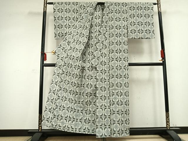 平和屋着物▽上質な紬　単衣　幾何学文様　正絹　逸品　AABC0426fy