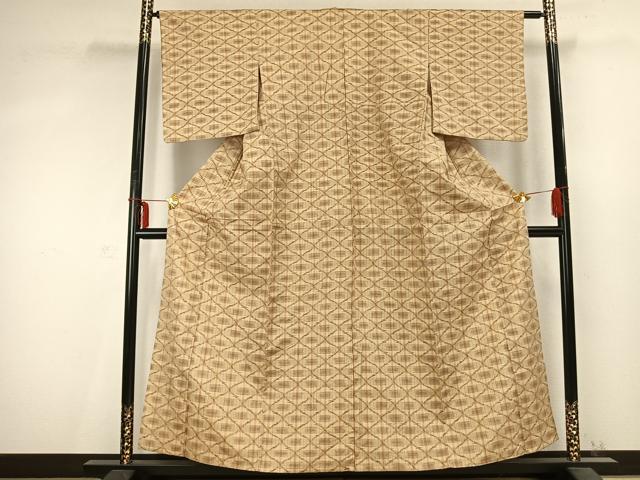 平和屋着物▽上質な紬　単衣　幾何学文様　正絹　逸品　AABC0428fy