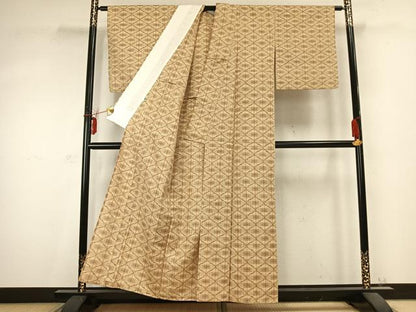平和屋着物▽上質な紬　単衣　幾何学文様　正絹　逸品　AABC0428fy