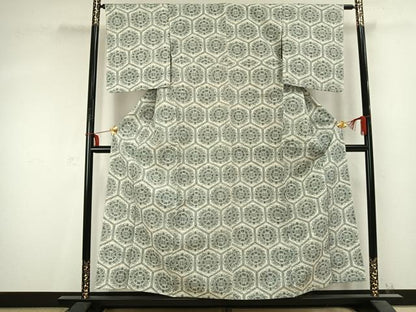平和屋着物▽上質な紬　単衣　亀甲文様　正絹　逸品　AABC0430fy