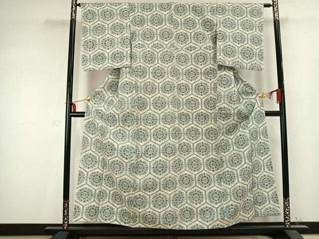 平和屋着物▽上質な紬　単衣　亀甲文様　正絹　逸品　AABC0430fy