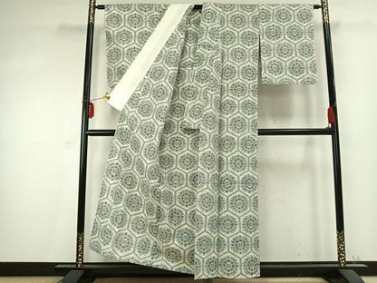 平和屋着物▽上質な紬　単衣　亀甲文様　正絹　逸品　AABC0430fy