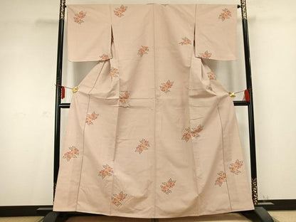 平和屋着物▽上質な紬　単衣　草花文　正絹　逸品　AABC0435fy