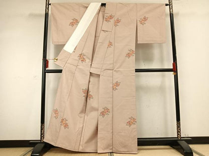 平和屋着物▽上質な紬　単衣　草花文　正絹　逸品　AABC0435fy