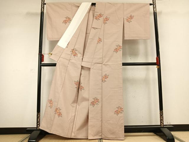 平和屋着物▽上質な紬　単衣　草花文　正絹　逸品　AABC0435fy
