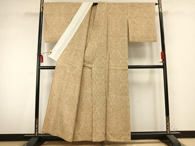 平和屋着物▽上質な紬　単衣　幾何学文様　正絹　逸品　AABC0437fy