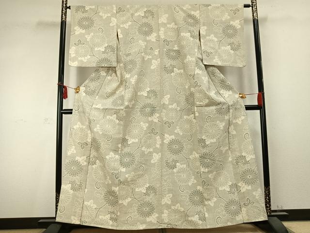 平和屋着物▽上質な紬 単衣 唐草花文 正絹 逸品 AABC0441fy
