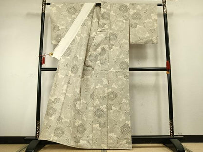 平和屋着物▽上質な紬 単衣 唐草花文 正絹 逸品 AABC0441fy