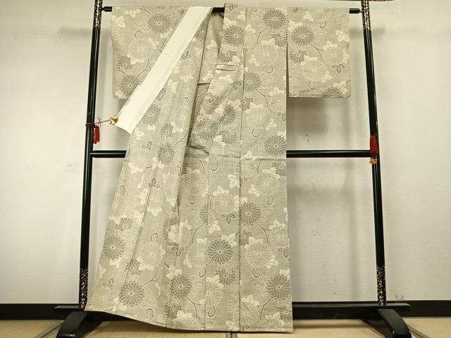 平和屋着物▽上質な紬 単衣 唐草花文 正絹 逸品 AABC0441fy