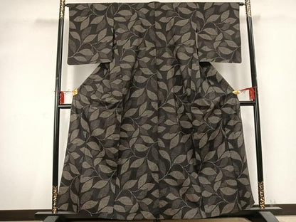 平和屋着物▽上質な紬 単衣 枝葉文 正絹 逸品 AABC0442fy