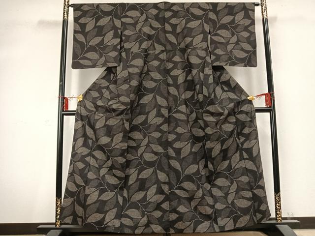平和屋着物▽上質な紬 単衣 枝葉文 正絹 逸品 AABC0442fy