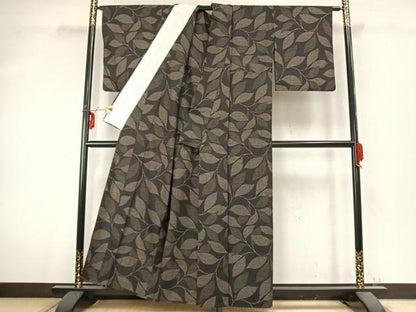 平和屋着物▽上質な紬 単衣 枝葉文 正絹 逸品 AABC0442fy