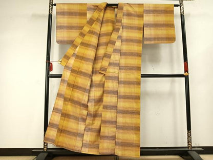 平和屋着物▽上質な紬　単衣　横段文　正絹　逸品　AABC0447fy