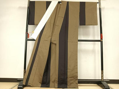 平和屋着物▽本場縞大島紬 単衣 縞 正絹 逸品 AABC0455fy