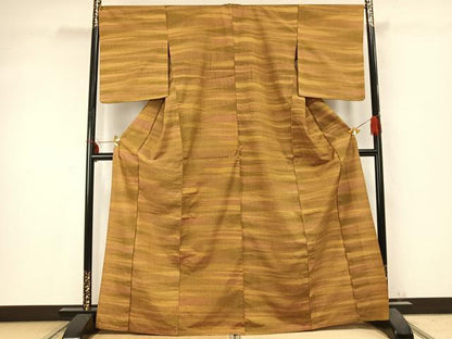 平和屋着物▽上質な紬 単衣 横段文 正絹 逸品 AABC0456fy