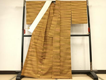 平和屋着物▽上質な紬 単衣 横段文 正絹 逸品 AABC0456fy