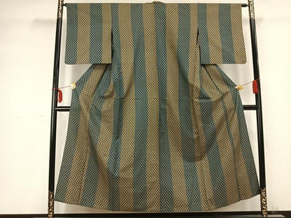 平和屋着物▽上質な紬　単衣　市松文様　正絹　逸品　AABC0458fy