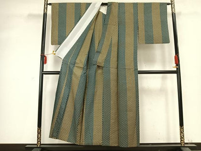 平和屋着物▽上質な紬　単衣　市松文様　正絹　逸品　AABC0458fy