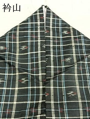 平和屋着物▽上質な紬　単衣　格子飛鳥文　黒地　正絹　逸品　AABC0460fy