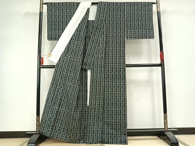 平和屋着物▽上質な紬　単衣　格子飛鳥文　黒地　正絹　逸品　AABC0460fy