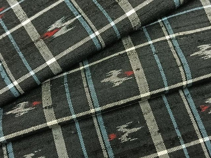 平和屋着物▽上質な紬　単衣　格子飛鳥文　黒地　正絹　逸品　AABC0460fy