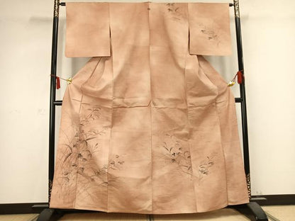 平和屋着物▽訪問着 単衣 紬地 手描き 草花文 正絹 逸品 AABC0465fy