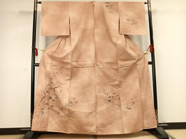 平和屋着物▽訪問着 単衣 紬地 手描き 草花文 正絹 逸品 AABC0465fy