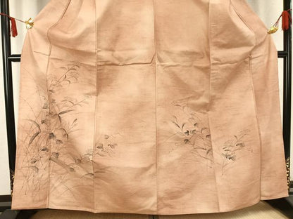 平和屋着物▽訪問着 単衣 紬地 手描き 草花文 正絹 逸品 AABC0465fy