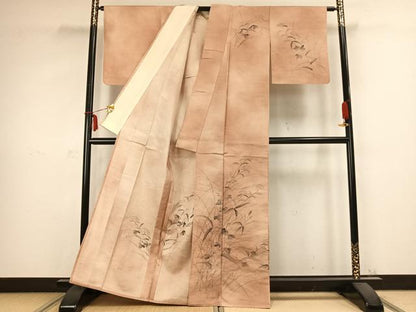平和屋着物▽訪問着 単衣 紬地 手描き 草花文 正絹 逸品 AABC0465fy
