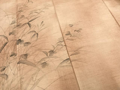 平和屋着物▽訪問着 単衣 紬地 手描き 草花文 正絹 逸品 AABC0465fy