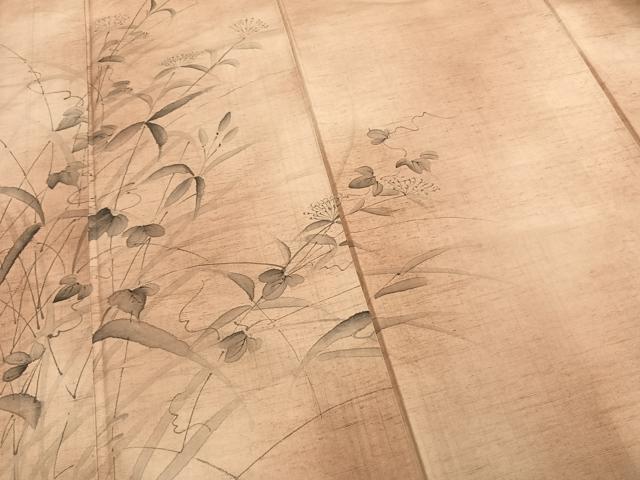平和屋着物▽訪問着 単衣 紬地 手描き 草花文 正絹 逸品 AABC0465fy