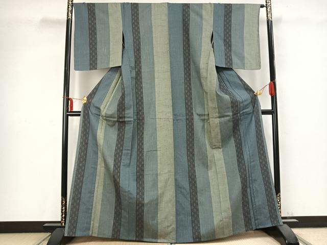 平和屋着物▽上質な紬 単衣 雪月花 麻の葉間道 反端付き 正絹 逸品 未使用 AABC0466fy