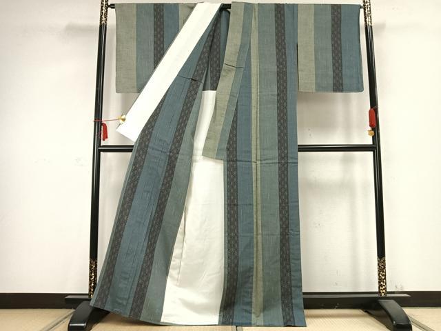 平和屋着物▽上質な紬 単衣 雪月花 麻の葉間道 反端付き 正絹 逸品 未使用 AABC0466fy
