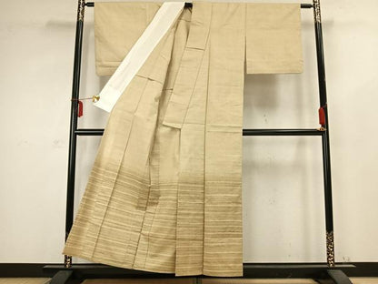 平和屋着物▽訪問着 単衣 紬地 横縞 正絹 逸品 AABC0469fy