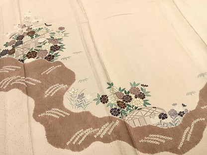 平和屋着物▽訪問着 単衣 草花文 金彩 正絹 逸品 AABC0471fy