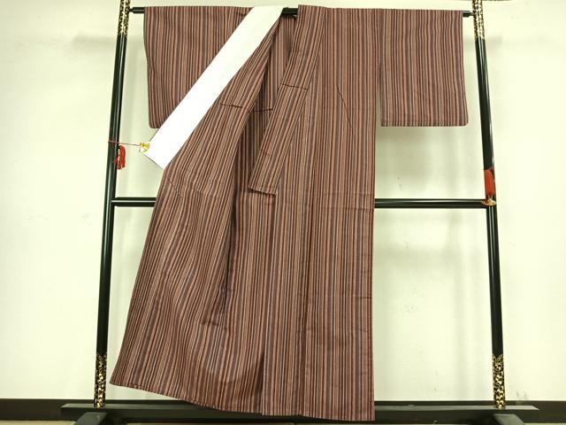 平和屋着物▽胡里紬 単衣 縞 反端付き 正絹 逸品 AABC0477fy