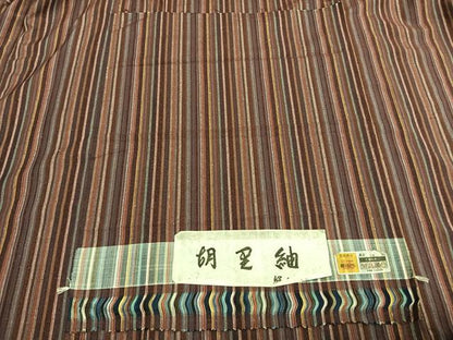 平和屋着物▽胡里紬 単衣 縞 反端付き 正絹 逸品 AABC0477fy