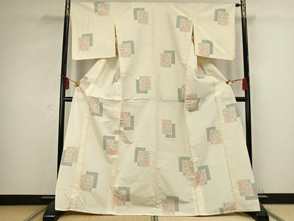 平和屋着物▽上質な紬　単衣　色紙重ね草花文　正絹　逸品　AABC0483fy