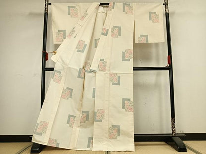 平和屋着物▽上質な紬　単衣　色紙重ね草花文　正絹　逸品　AABC0483fy