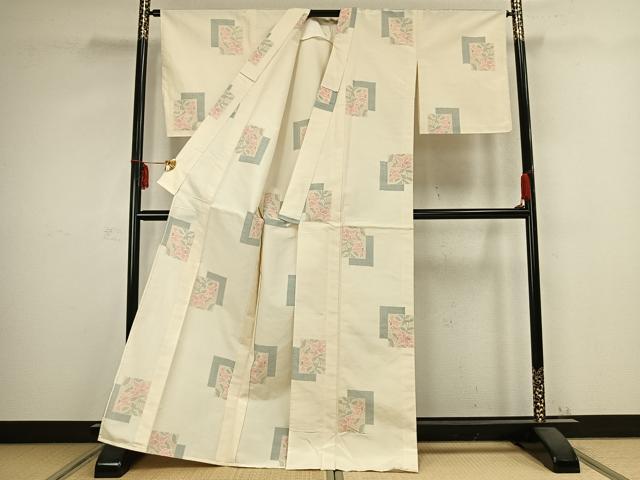 平和屋着物▽上質な紬　単衣　色紙重ね草花文　正絹　逸品　AABC0483fy