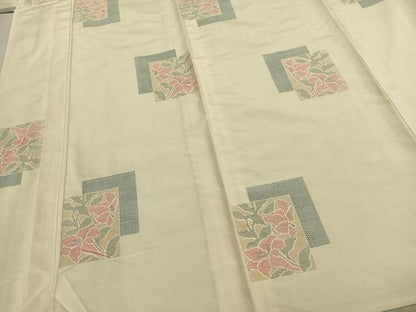 平和屋着物▽上質な紬　単衣　色紙重ね草花文　正絹　逸品　AABC0483fy