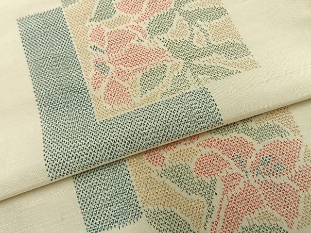 平和屋着物▽上質な紬　単衣　色紙重ね草花文　正絹　逸品　AABC0483fy