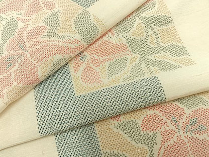 平和屋着物▽上質な紬　単衣　色紙重ね草花文　正絹　逸品　AABC0483fy