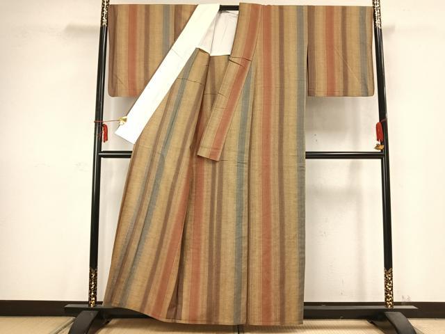 平和屋着物▽上質な紬 単衣 間道 正絹 逸品 AABC0487fy