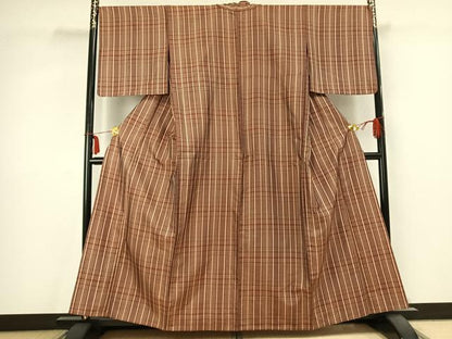 平和屋着物▽上質な紬 単衣 格子 正絹 逸品 AABC0490fy