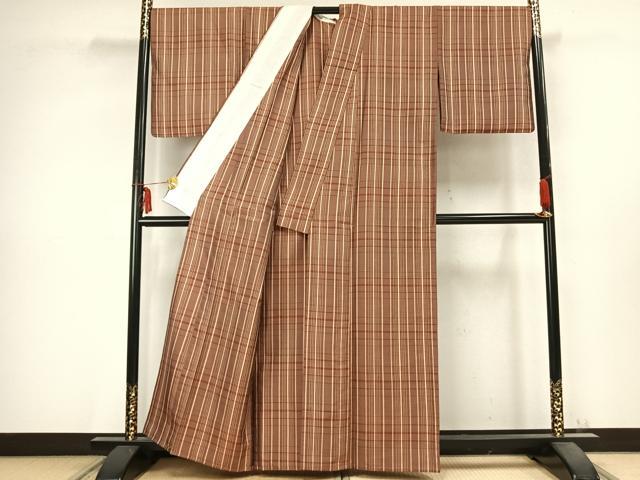 平和屋着物▽上質な紬 単衣 格子 正絹 逸品 AABC0490fy