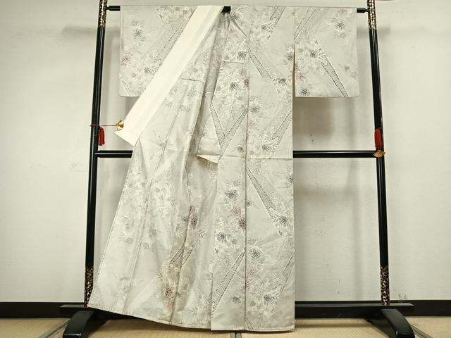 平和屋着物▽本場大島紬 白大島 単衣 9マルキ 草花文 正絹 逸品 AABC0496fy